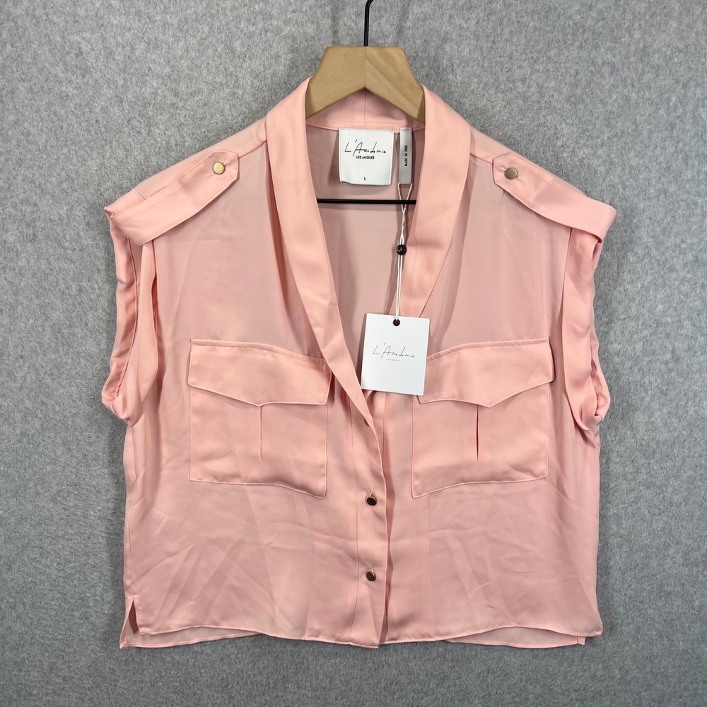 L'Academie Blouse Womens S Pink Short Sleeve Button Front Epaulette Cargo NWT